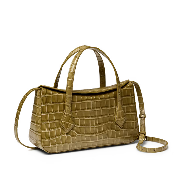 3L Croc-Embossed Cowhide Structured Top Handle Bag with Detachable Strap