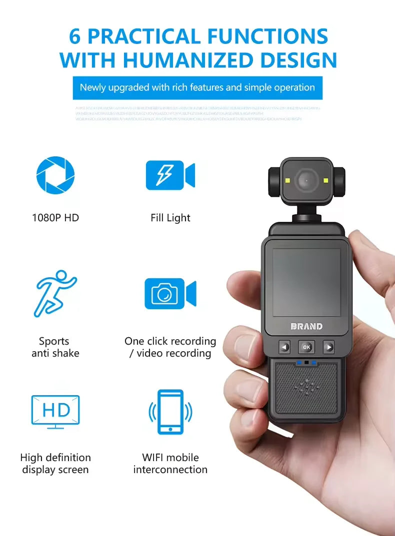 Action Camera 1080P WiFi Fill Light Pocket Camera Sports Mini POV Camcorder for Travel Vlogging Audio Video Recording