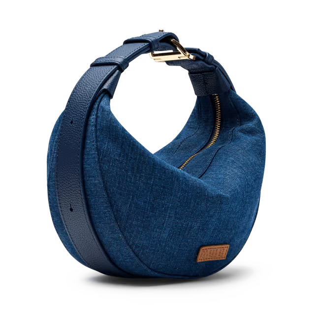 7L Curved Denim Crossbody Bag with Pebble Leather Trim, Dual Carry Ways