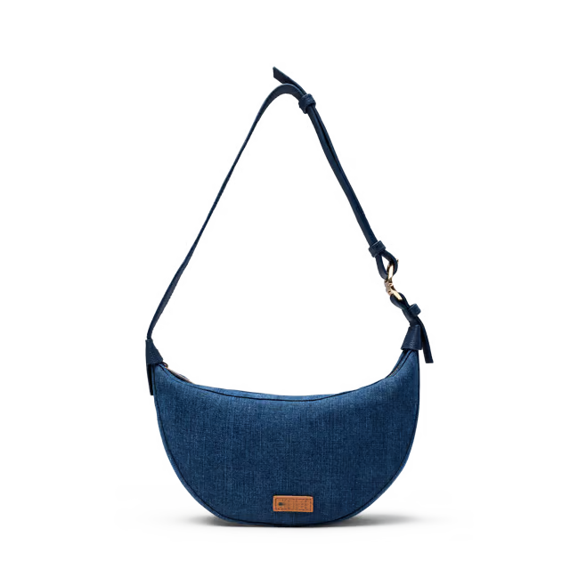 7L Curved Denim Crossbody Bag with Pebble Leather Trim, Dual Carry Ways