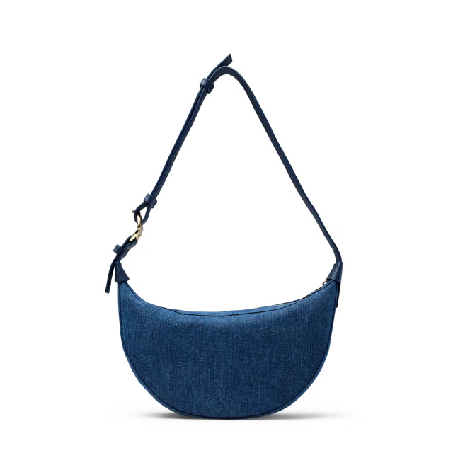 7L Curved Denim Crossbody Bag with Pebble Leather Trim, Dual Carry Ways