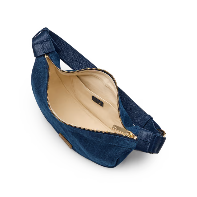 7L Curved Denim Crossbody Bag with Pebble Leather Trim, Dual Carry Ways
