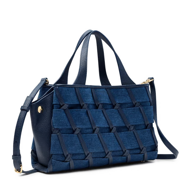9L Woven Denim Top Handle Crossbody Bag with Expandable Side Design